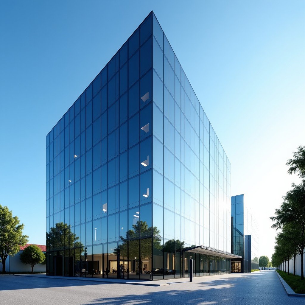 An architectural view of a modern corporate headquarters in Switzerland with a clean glass facade, reflecting a blue sky, signifying stability and global reach, 4:3