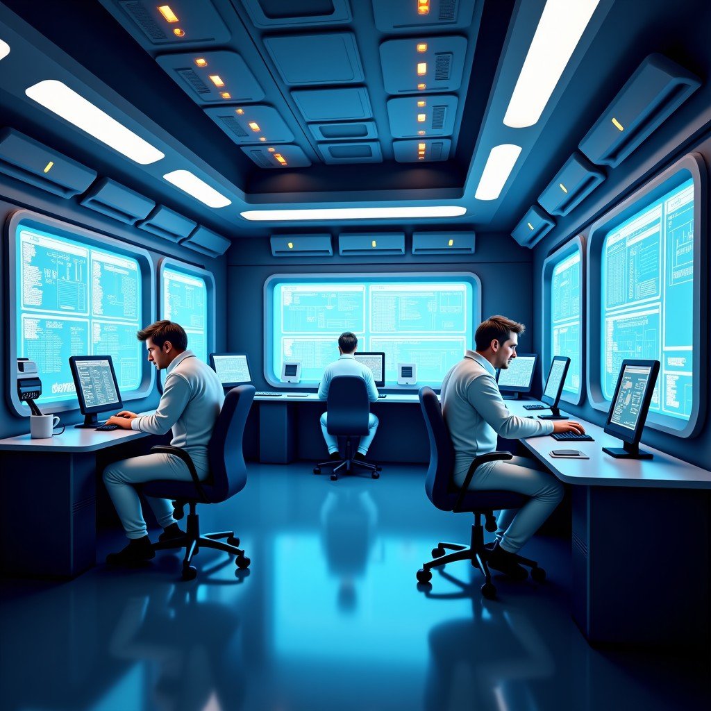 Astronauts working inside a high-tech space laboratory with glowing screens and computer hardware, Starlab interior mockup style, 4:3