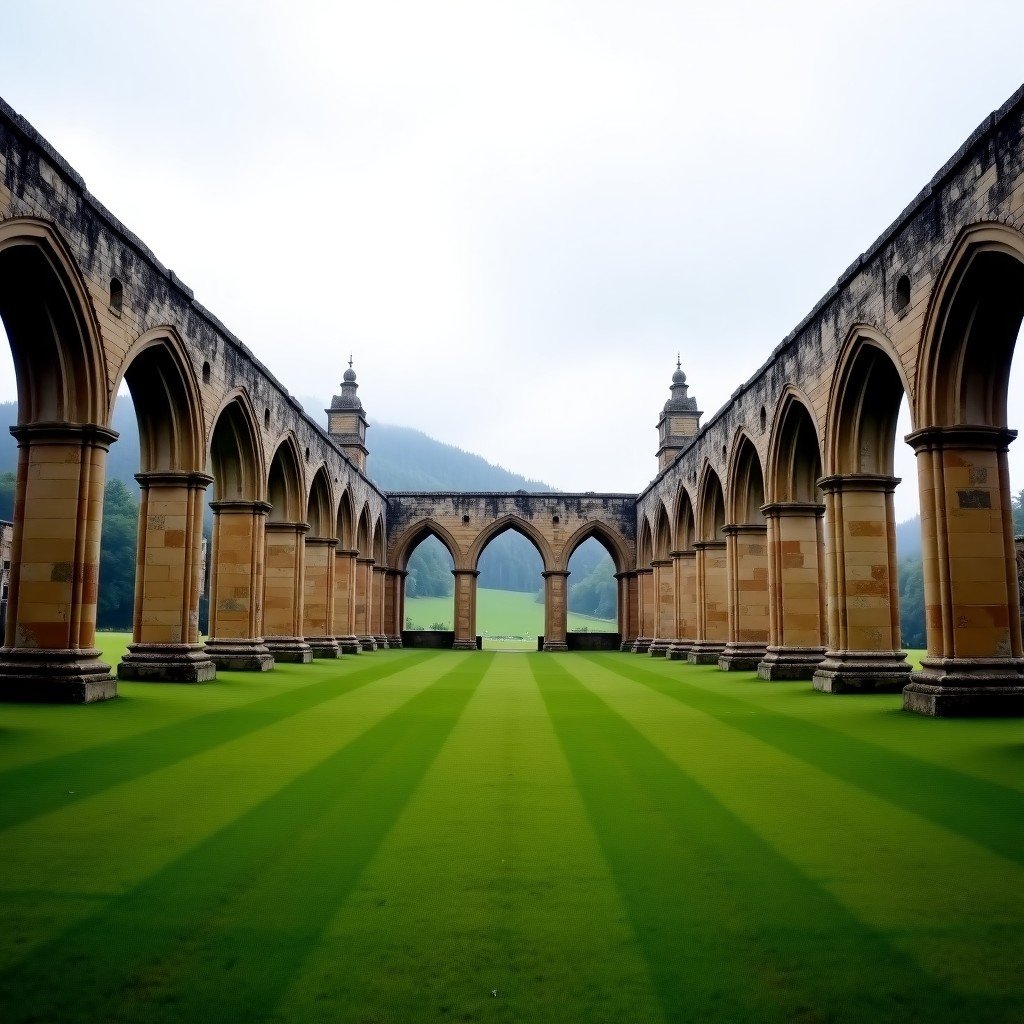 A majestic wide-angle view of the Fountains Abbey ruins in Studley Royal Park, featuring Gothic stone arches and vast green lawns under a soft overcast sky, 18th-century landscape style, visually rich, 4:3