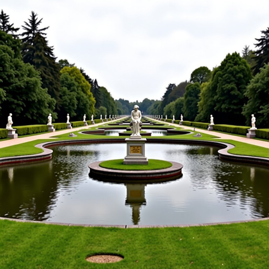 A symmetrical water garden with circular ponds and classic statues in Studley Royal Park, elegant 18th-century garden design, green grass and calm water, high contrast, 4:3