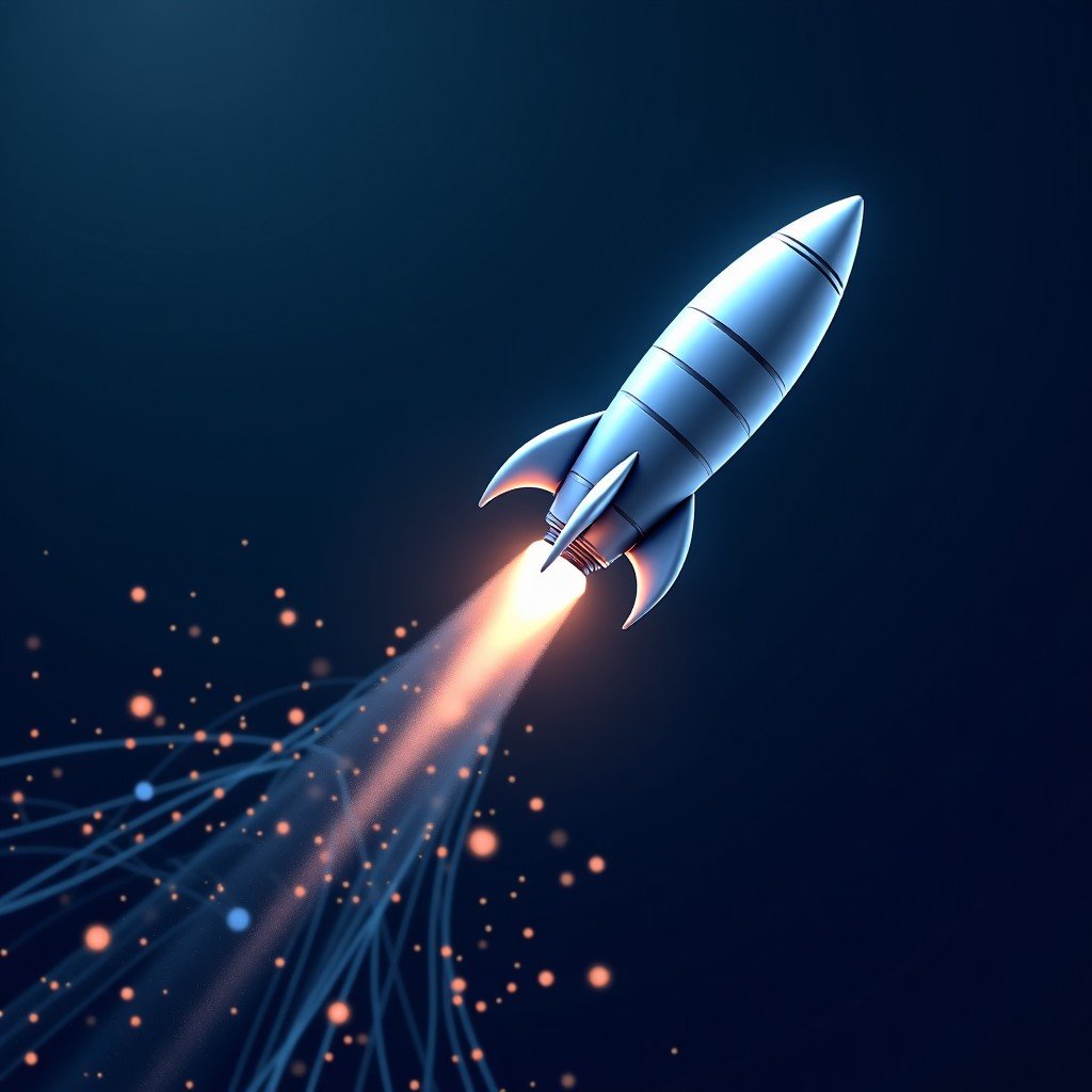 A futuristic and clean digital illustration showing the conceptual fusion of a space rocket and neural network connections. A dark blue and metallic silver color palette with glowing light trails representing data flow. Professional and high-tech atmosphere, sleek design, no text. 4:3