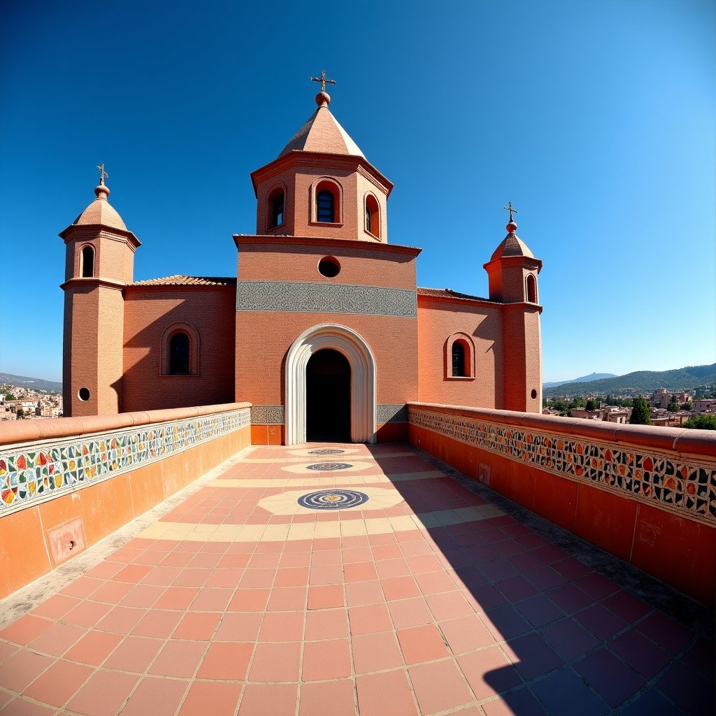 A panoramic view of a Mudejar architecture cathedral in Aragon, Spain, featuring intricate brickwork and colorful ceramic tiles under a clear blue sky, high contrast, artistic rendering, 4:3