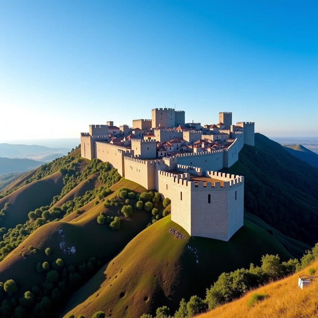 A wide panoramic view of the medieval stone walls of Avila Spain under a clear blue sky during the daytime. The massive stone towers and battlements wrap around the historic city on a hilltop. High quality photography, high contrast, 4:3