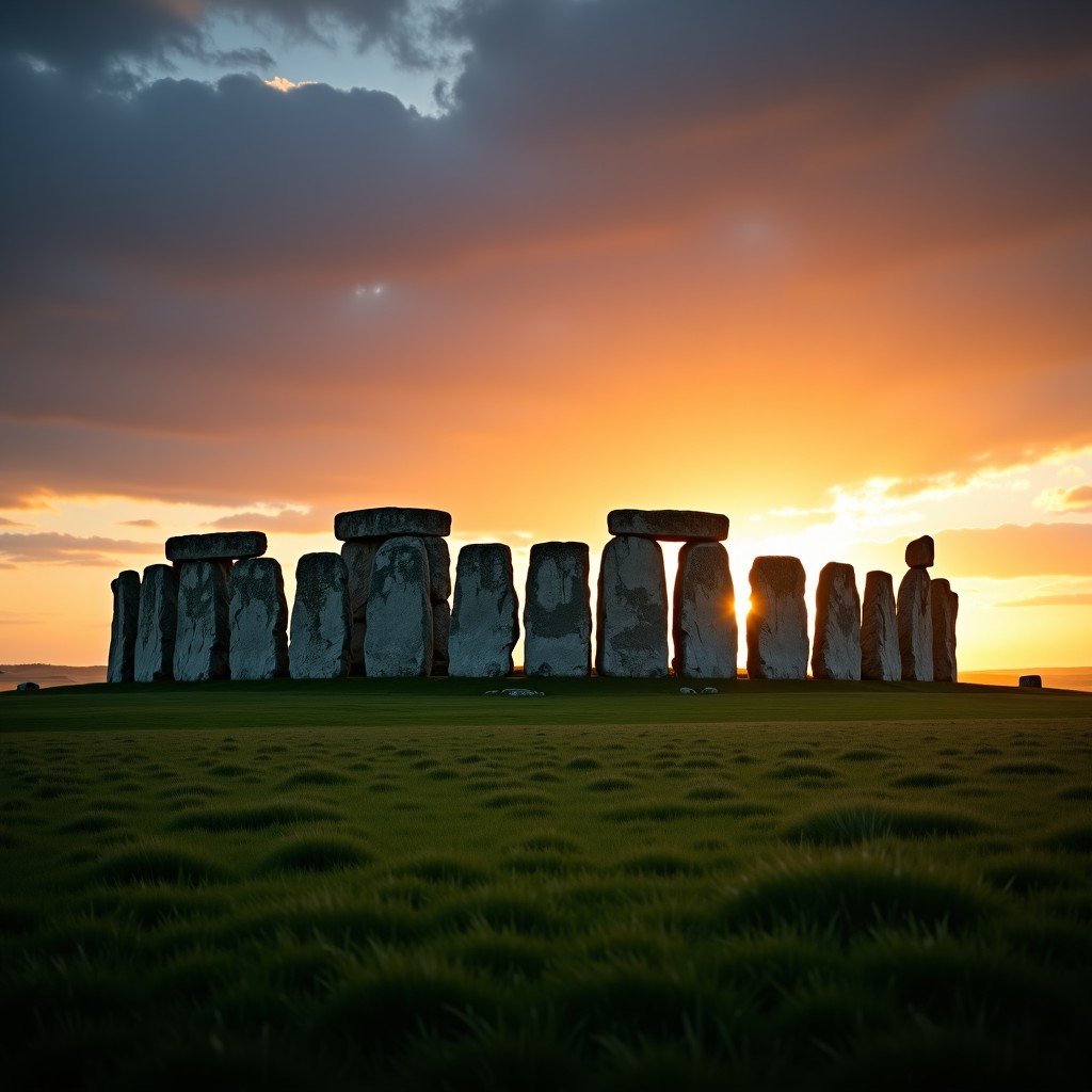 Cinematic wide shot of Stonehenge at sunrise, prehistoric megalithic monument, dramatic sky with soft orange light, lush green grass, high detail photography, 4:3