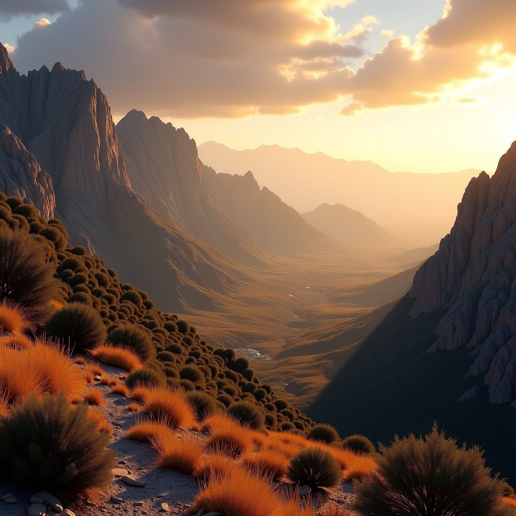 The dramatic landscape of the Peloponnesian mountains surrounding the Bassae archaeological site, rugged peaks, dry Mediterranean vegetation, atmospheric golden hour lighting, wide angle view, realistic scenery, 4:3