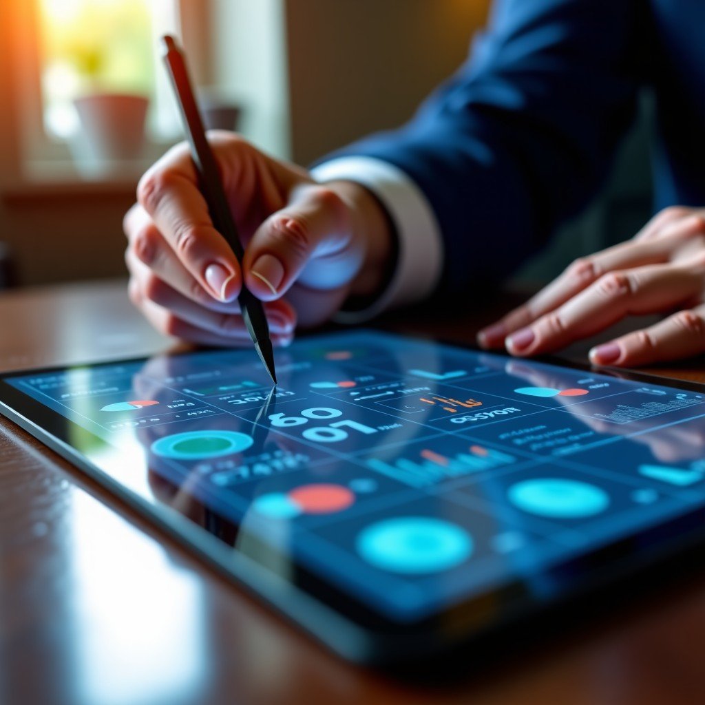 A professional hands holding a stylus over a tablet showing complex data. Warm and professional atmosphere. 4:3