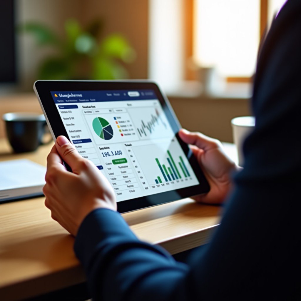 A close-up of a person's hands holding a tablet showing stock analysis tools and a diverse portfolio, warm natural lighting, lifestyle photography, focused and calm atmosphere, 1:1
