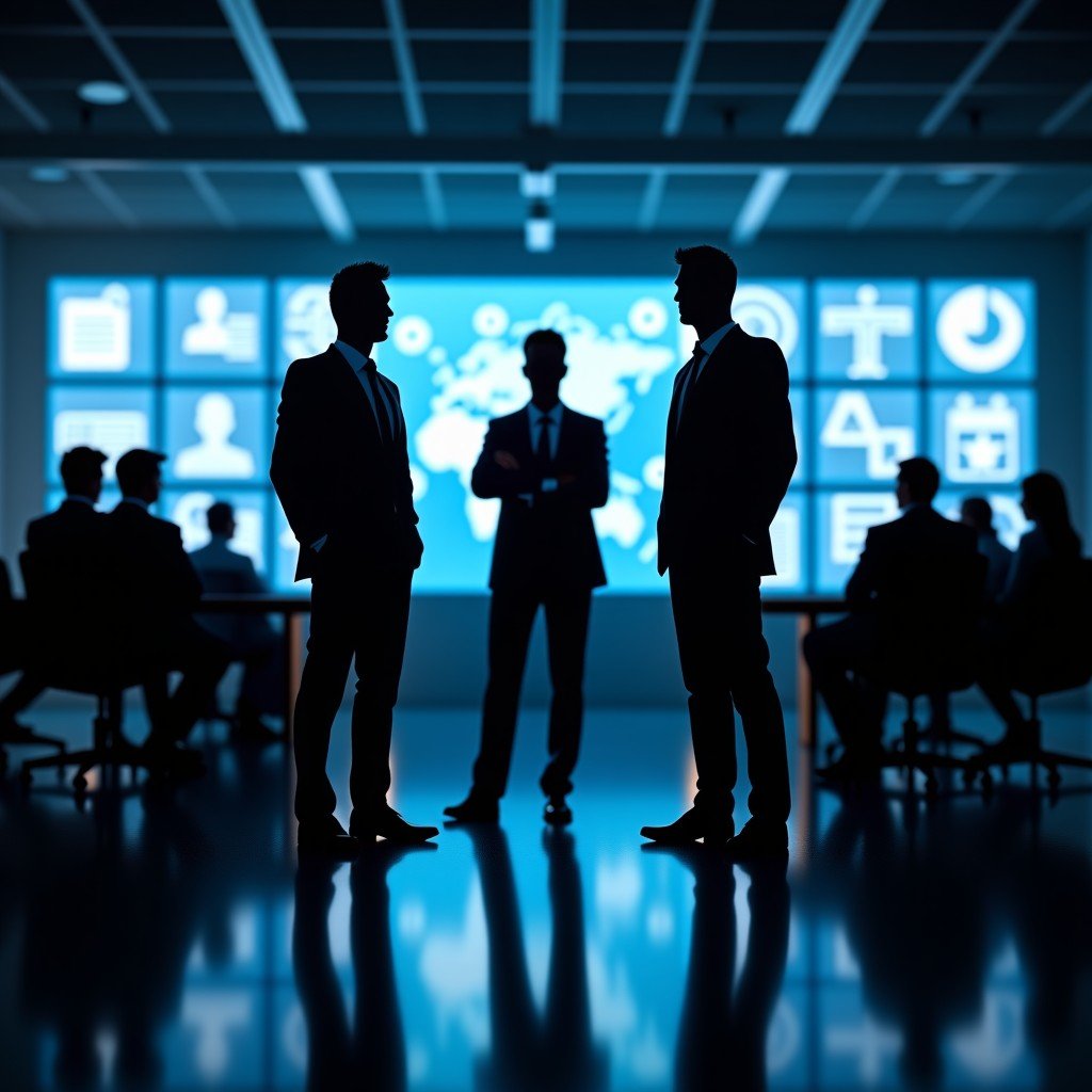 A professional and serious scene showing silhouettes of high-tech business executives in a modern Silicon Valley office background with digital screens displaying network connections and legal document icons. High contrast, cinematic lighting. 4:3