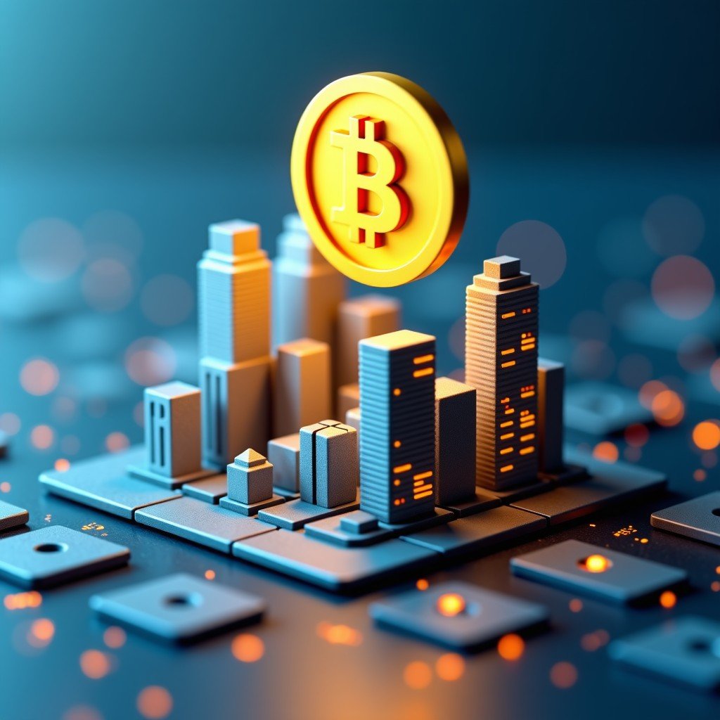 High quality infographic style image showing a 3D golden token hovering over a miniature model of a modern city and a stock market building. Symbols of real estate and corporate stocks integrated with digital circuits. Vibrant and clear lighting. 1:1