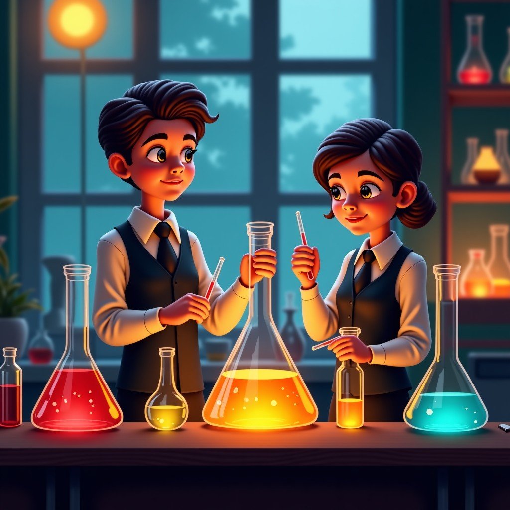 Chemists in a vintage 19th-century laboratory conducting experiments with glass flasks and colorful chemical reactions, realistic lighting, 4:3