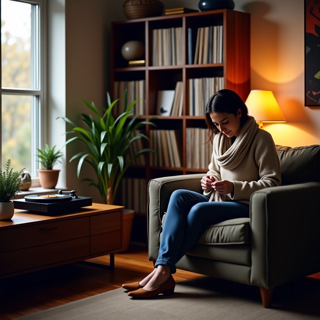 A modern living room with a vintage turntable and a shelf full of vinyl records, a person is sitting comfortably knitting a scarf, warm indoor lighting, high contrast, 4:3