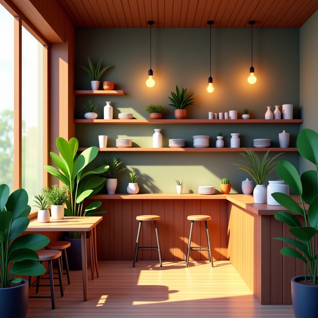 A cozy and aesthetic boutique cafe with warm wooden interior, plants, and soft lighting, peaceful atmosphere, no people, detailed composition, 4:3
