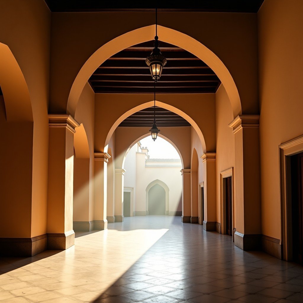 Interior of Aljafería Palace in Zaragoza showing complex Mudejar arches and sunlight filtering through, historical atmosphere, warm lighting, 4:3