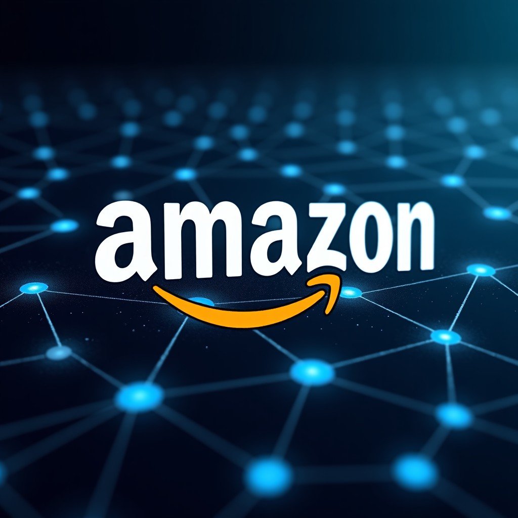 Futuristic digital connection between a stylized Amazon logo and a neural network representing AI partnership 1:1