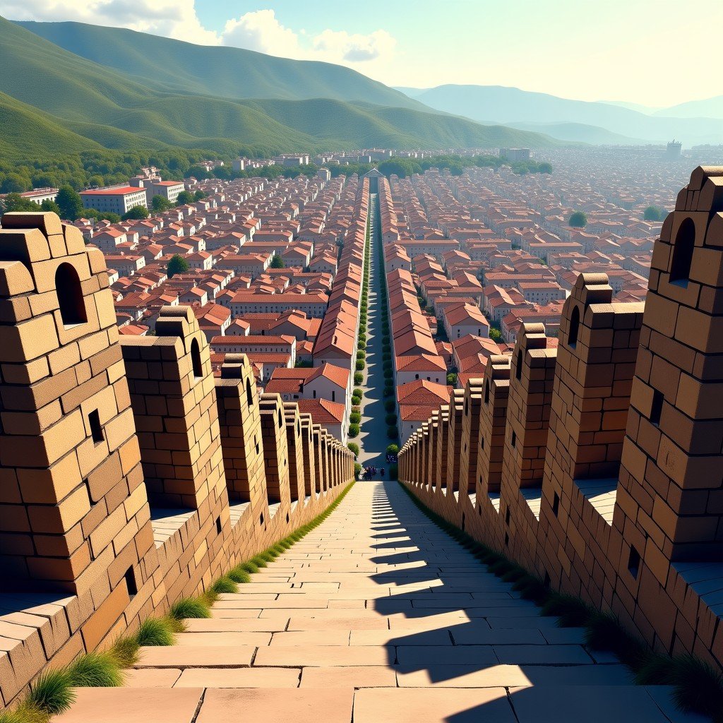 A view from the top of the stone battlements of Avila looking down over the historic city with red tiled roofs and narrow streets. Medieval architecture, artistic rendering, textured background, 4:3