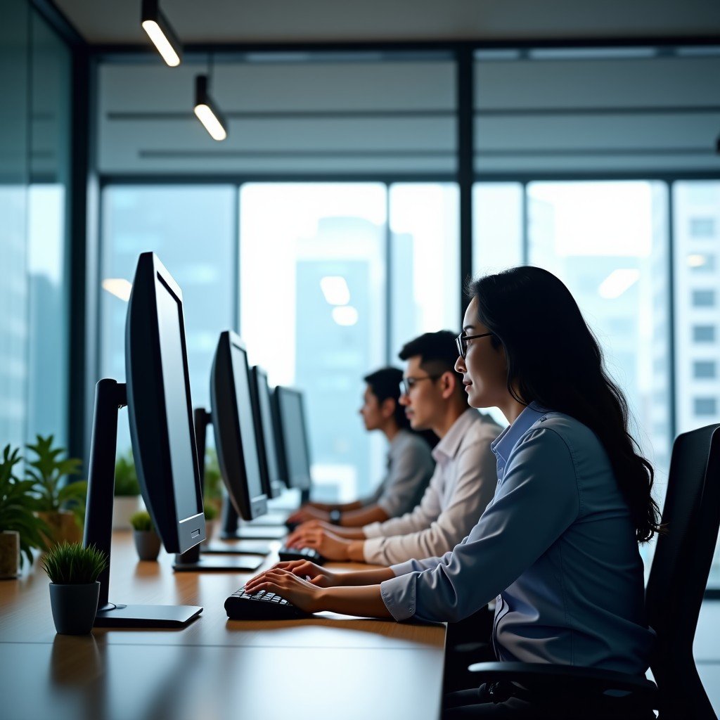 Professional business environment in a modern Asian tech company office, diverse engineers working on computers, natural bright lighting, high quality, 4:3