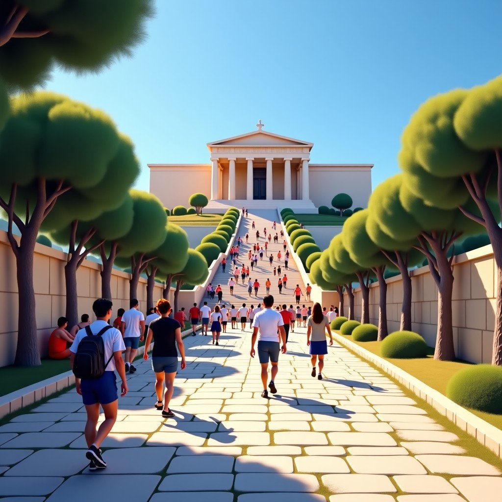 A perspective view of tourists walking along the stone path leading up to the Propylaea of the Acropolis, clear blue sky, warm Mediterranean lighting, 4:3