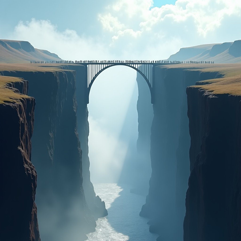 A long metal walkway extending over the rushing river towards the massive misty abyss of the Devil's Throat, tiny figures of tourists walking, vast white spray rising into the sky, realistic and detailed composition, 4:3