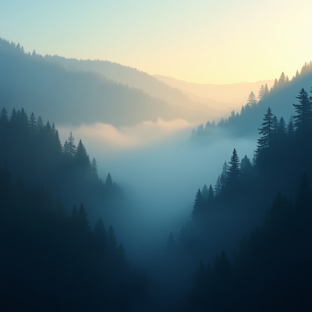 A mystical morning view of a rainforest valley filled with thick fog, silhouettes of tall trees emerging from the mist, soft blue and golden light, 4:3
