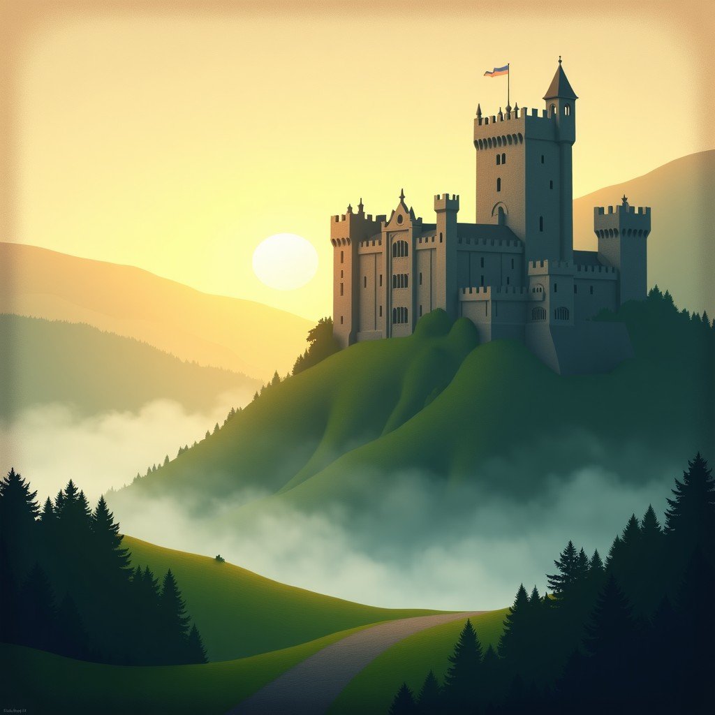 A majestic medieval stone castle with tall towers and battlements emerging from a soft morning mist in the green hills of Wales. The scene is depicted in a detailed artistic illustration style with a textured, aged paper background. Warm, golden sunlight filters through the fog. 4:3