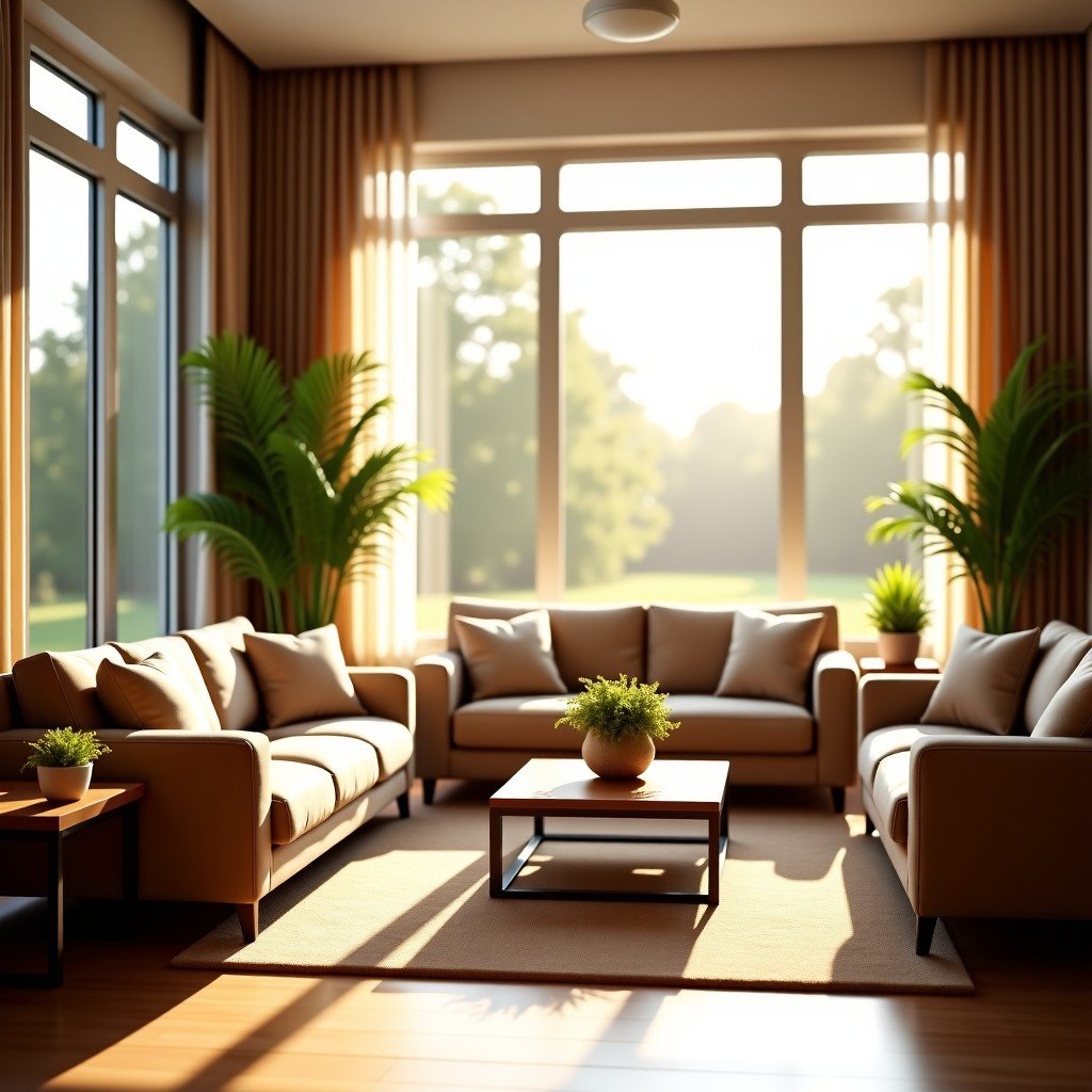 A bright and luxurious senior living facility living room with large windows, natural sunlight, warm interior design, upscale furniture, 4:3