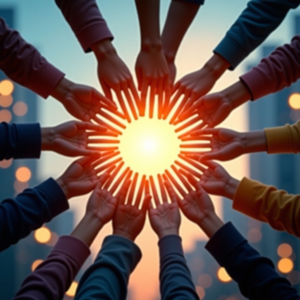A visually rich composition of diverse hands of different ages reaching towards a central glowing light that represents safe technology. In the background soft focus modern city lights. No empty margins centered focus 4:3