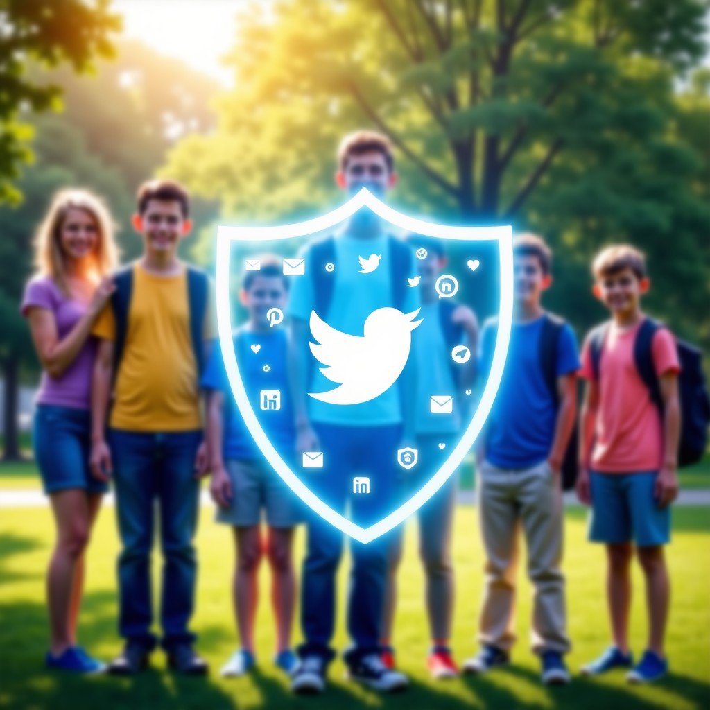 A detailed composition showing a digital shield protecting a group of diverse teenagers in a park setting, with blurred social media icons outside the shield. Symbolic of safety and protection, vibrant colors, 4:3