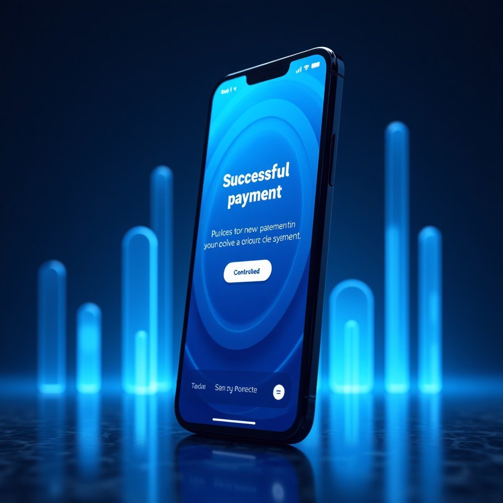 A sleek smartphone displaying a successful payment confirmation screen with a futuristic blue light pattern, high-tech financial environment, 4:3