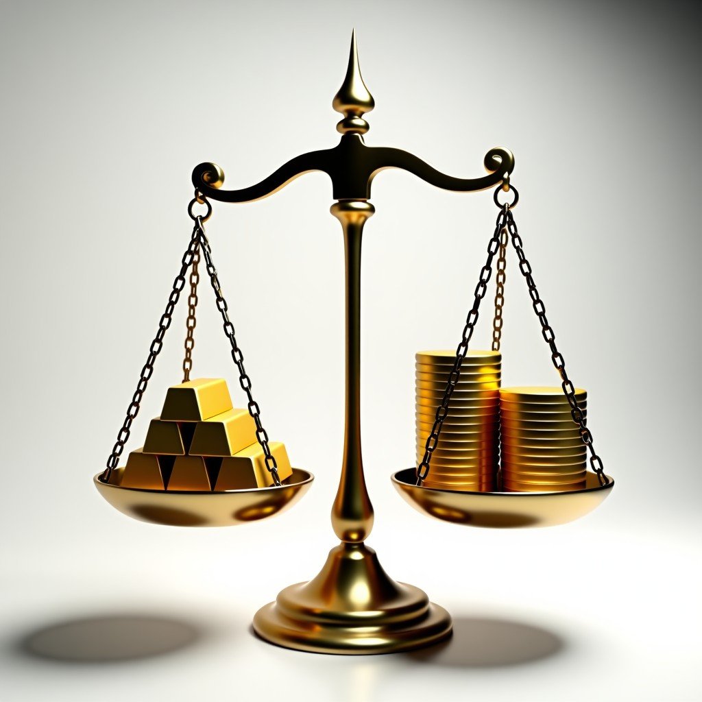 A conceptual image showing a balanced scale with gold bars on one side and a diverse investment portfolio on the other, professional studio lighting, clean background, 4:3