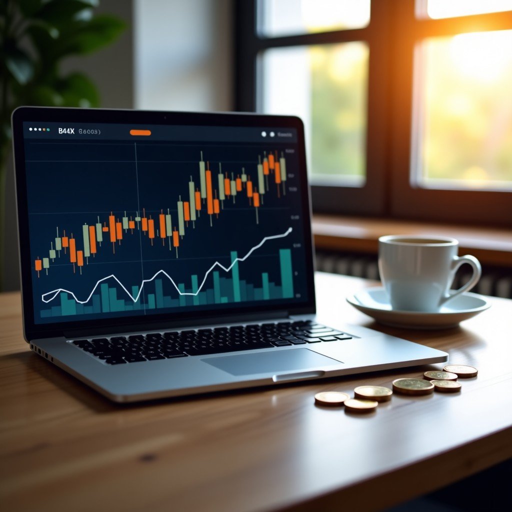A professional desk setting with a laptop showing financial charts, a cup of coffee, and some coins, representing steady cash flow and dividends, warm lighting, 4:3