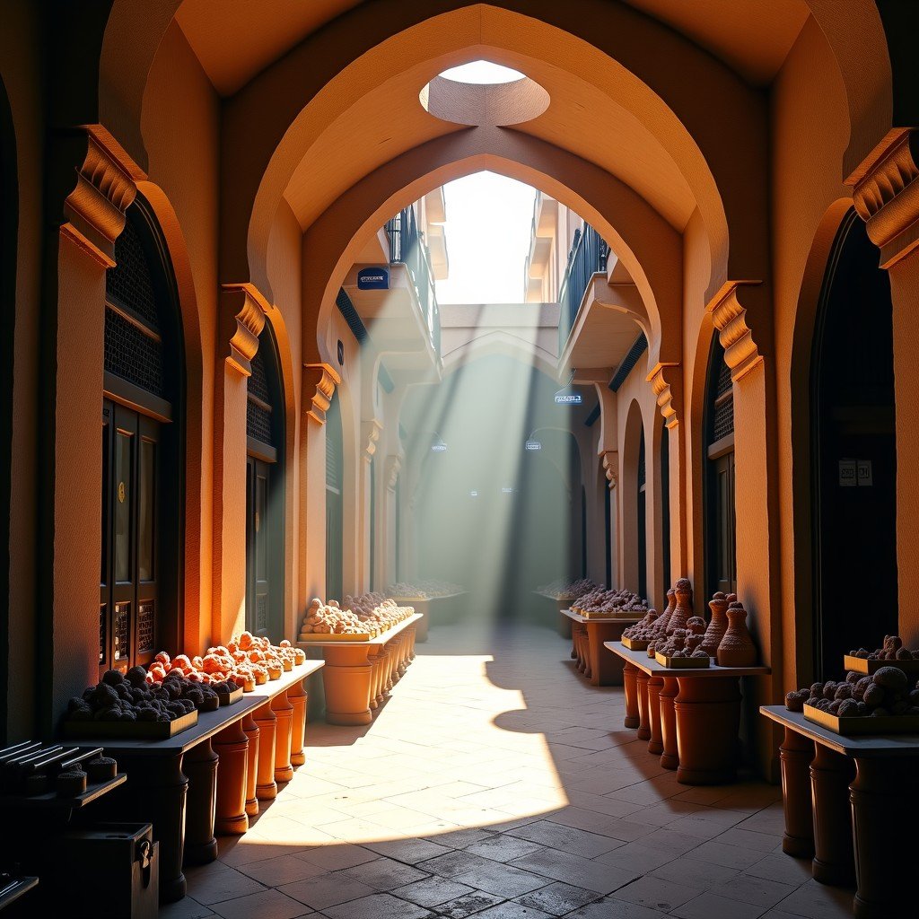 Interior of the Souq Al-Madina in Aleppo. Narrow corridors with vaulted stone ceilings, sunlight streaming through small openings in the roof. Traditional goods displayed in shops. Atmospheric lighting, dust motes dancing in light rays. 4:3