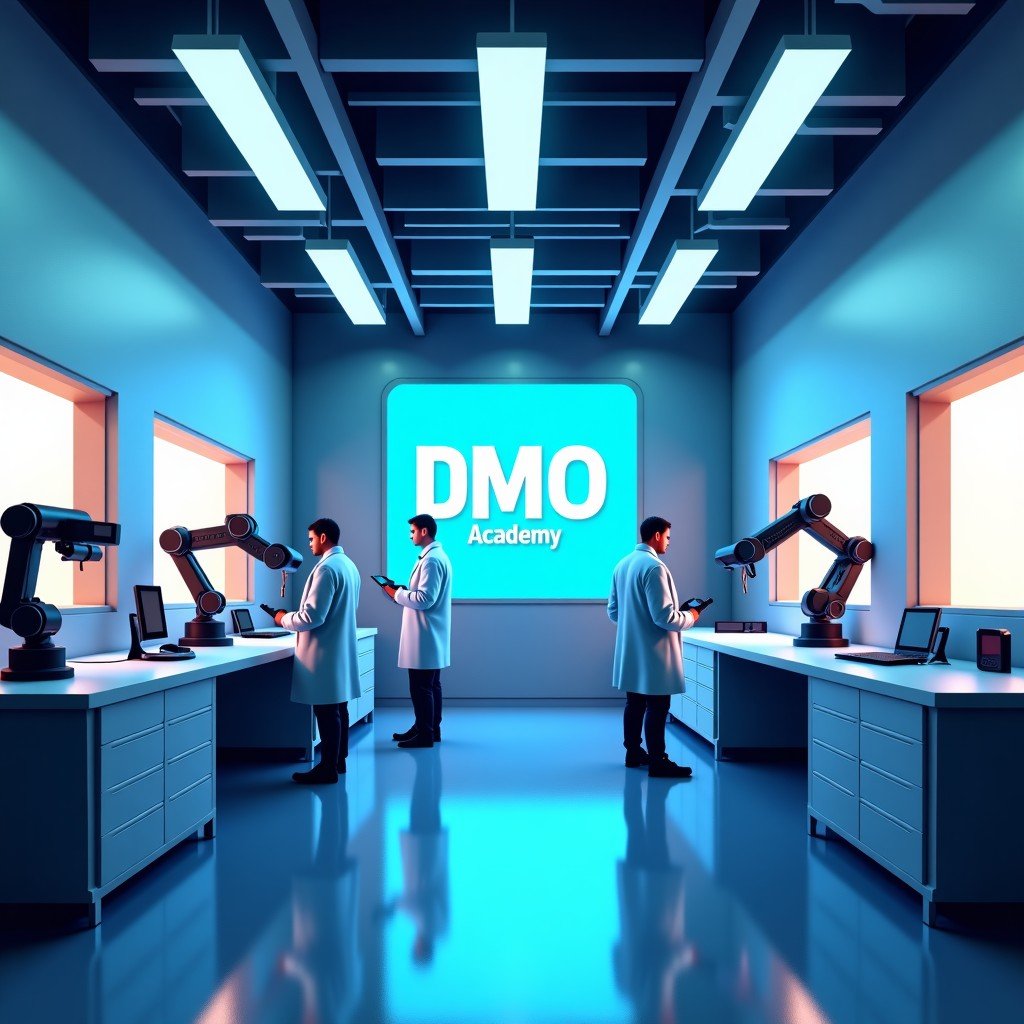 A futuristic high-tech laboratory with an Alibaba DAMO Academy logo on the wall, showing robotic arms and AI components being tested by professional engineers in lab coats, modern and clean infographic style, 1:1