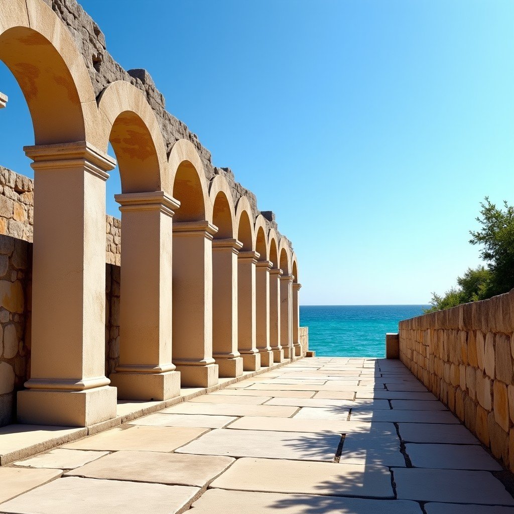 Ancient Roman colonnaded street in Al-Mina district of Tyre, marble columns standing along the Mediterranean coastline, turquoise sea water in the background, bright natural lighting, 4:3