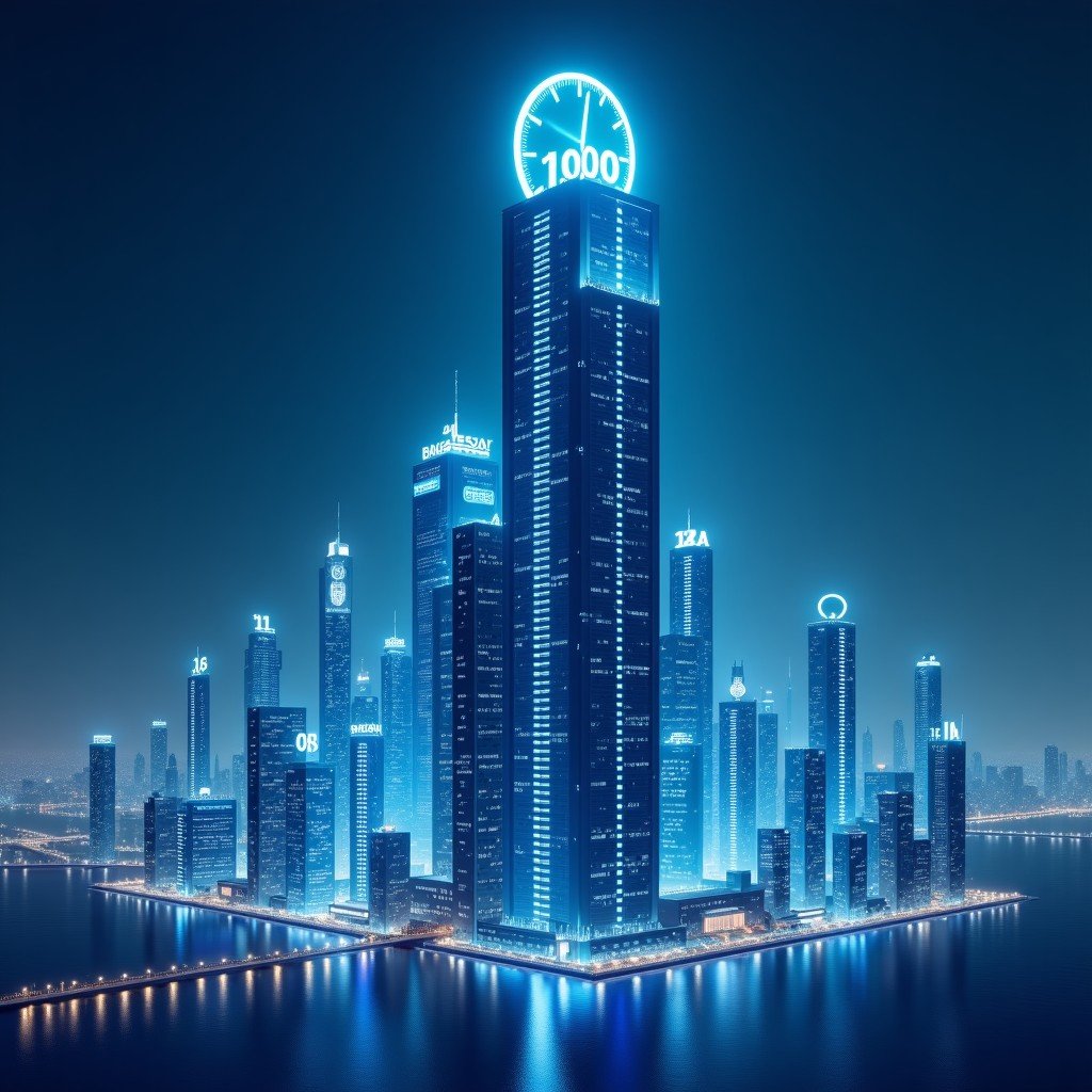 A futuristic skyscraper representing a tech giant with a large clock showing 100 years, surrounded by digital data streams and financial charts, high contrast, modern corporate atmosphere, 4:3
