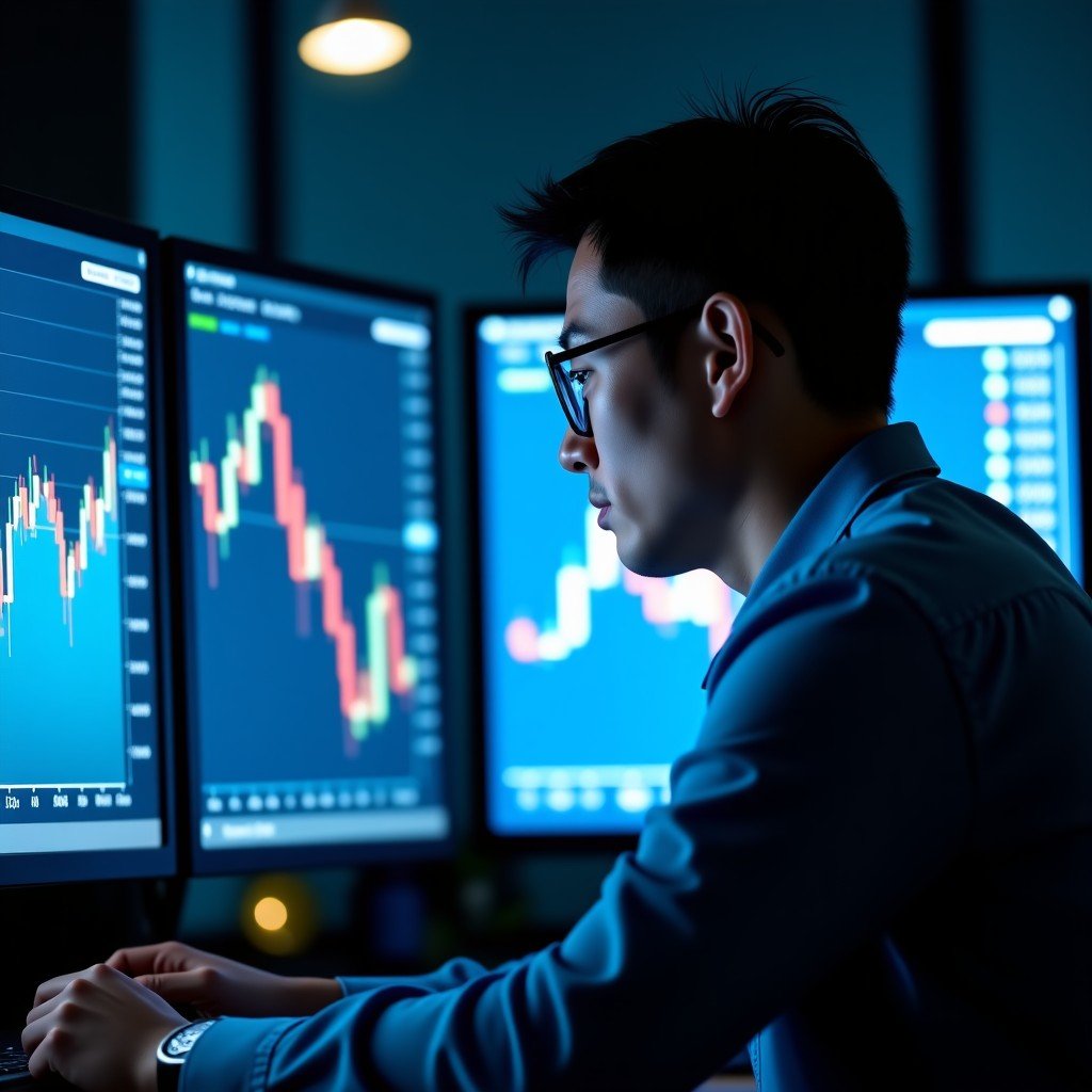 A professional South Korean male investor looking at multiple digital screens displaying cryptocurrency price charts with a downward trend. The atmosphere is serious and contemplative. Modern office setting at night with dim blue light. High quality photography. 4:3