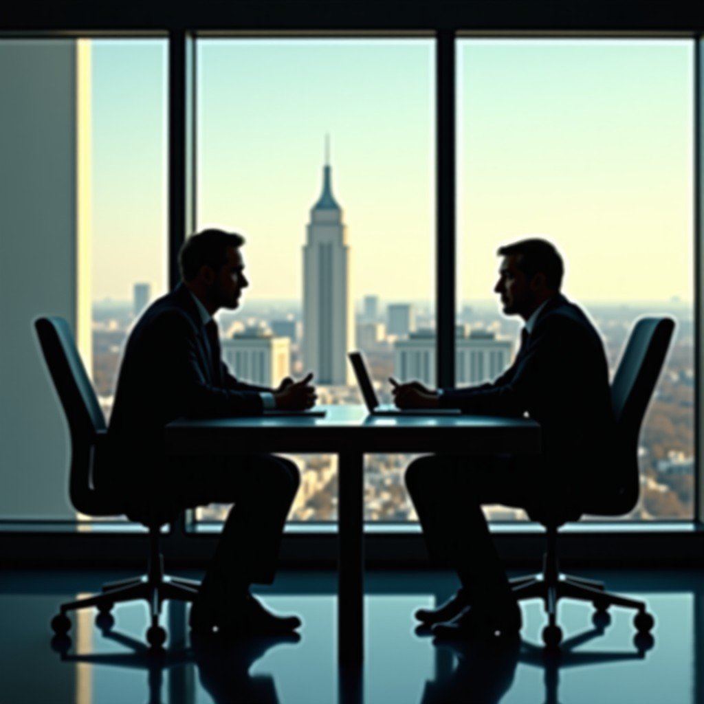 A professional and intense meeting between a tech executive and a high-ranking military official in a modern glass office. Outside the window, the silhouette of the Pentagon is visible. Natural sunlight, cinematic composition. 4:3