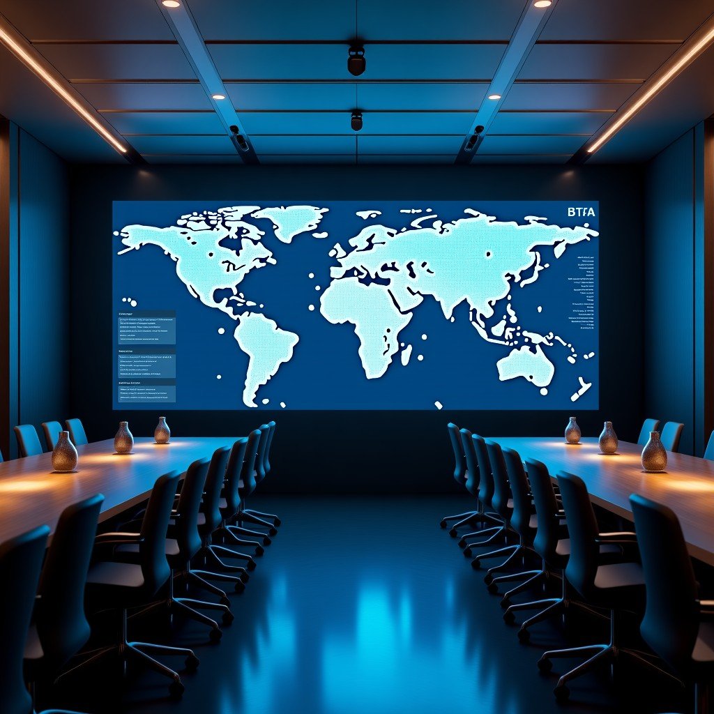 A high-tech boardroom at the Pentagon with a large screen displaying AI neural networks and global security data. Professional atmosphere, cinematic lighting, 4:3