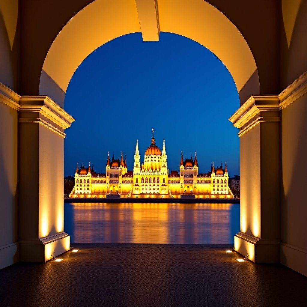 A realistic night view of the Hungarian Parliament Building framed through the white stone arches of the Fisherman's Bastion. Glowing golden lights, clear night sky, sharp details, artistic composition, no text, 4:3