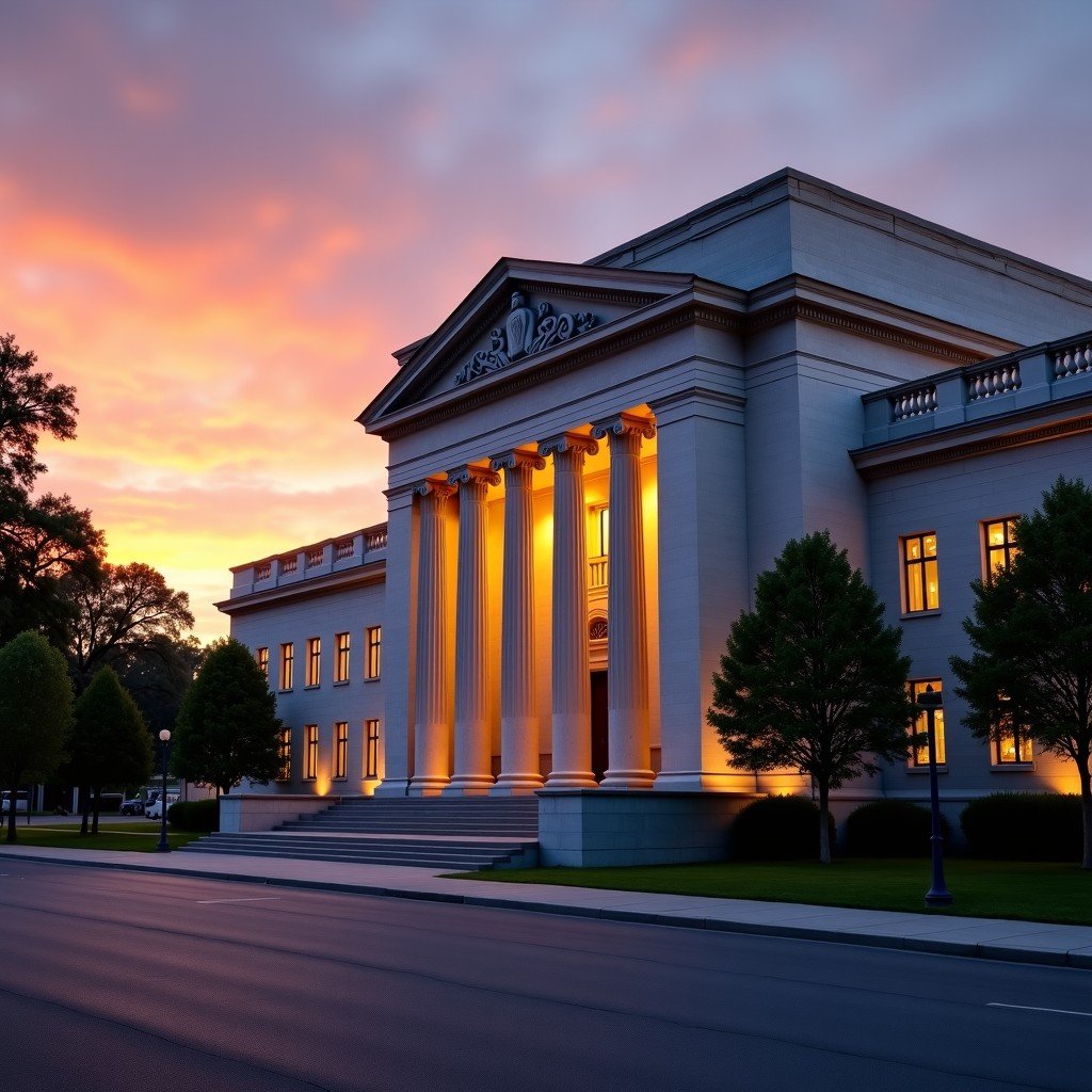 A majestic facade of a US Federal Court building during sunset, professional architectural photography style, warm lighting, high contrast, 4:3