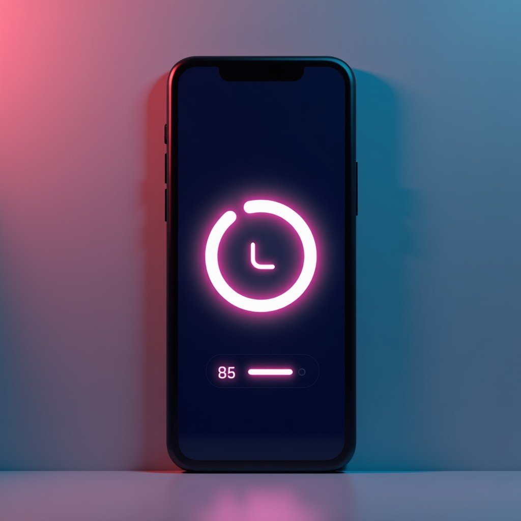 A sleek modern smartphone screen showing a glowing circular AI assistant interface with a loading bar and a clock icon, soft studio lighting, high resolution tech photography, 4:3