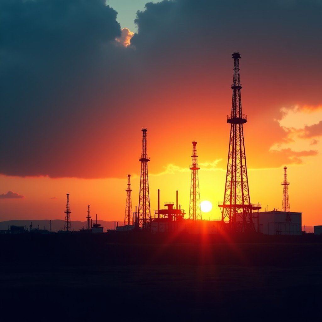 A professional cinematic shot of an energy production site with modern equipment against a dramatic sunrise background. Symbols of industrial power and resource management. 4:3