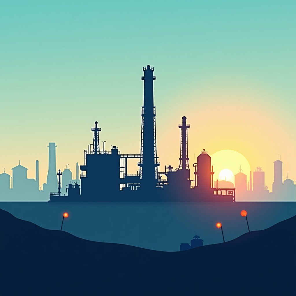 Modern oil refinery industrial landscape with a symbolic representation of economic pressure and international flags stylized high contrast 4:3