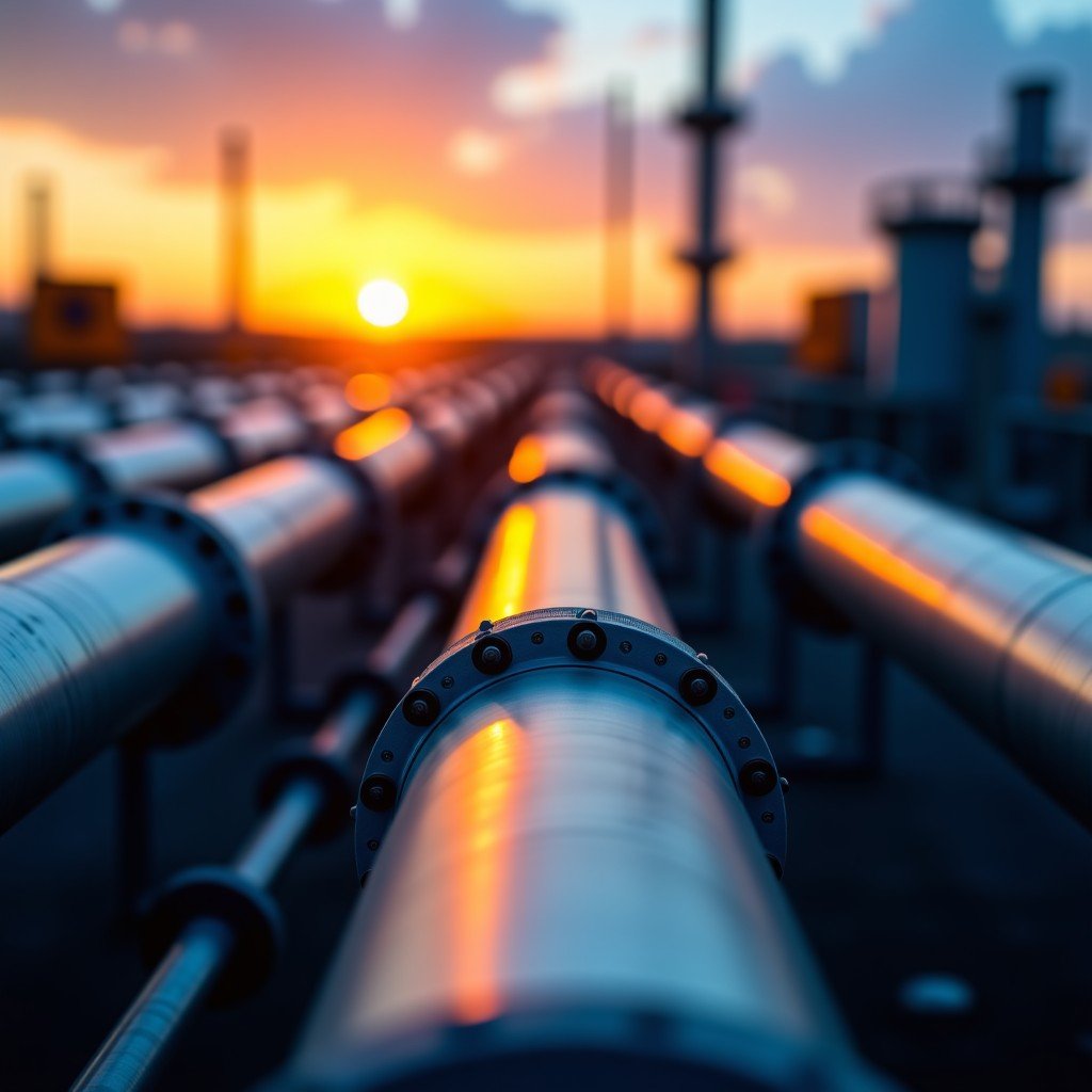 Close up of a modern industrial natural gas pipeline complex during sunset, metallic textures, orange and blue ambient lighting, realistic photography, 4:3