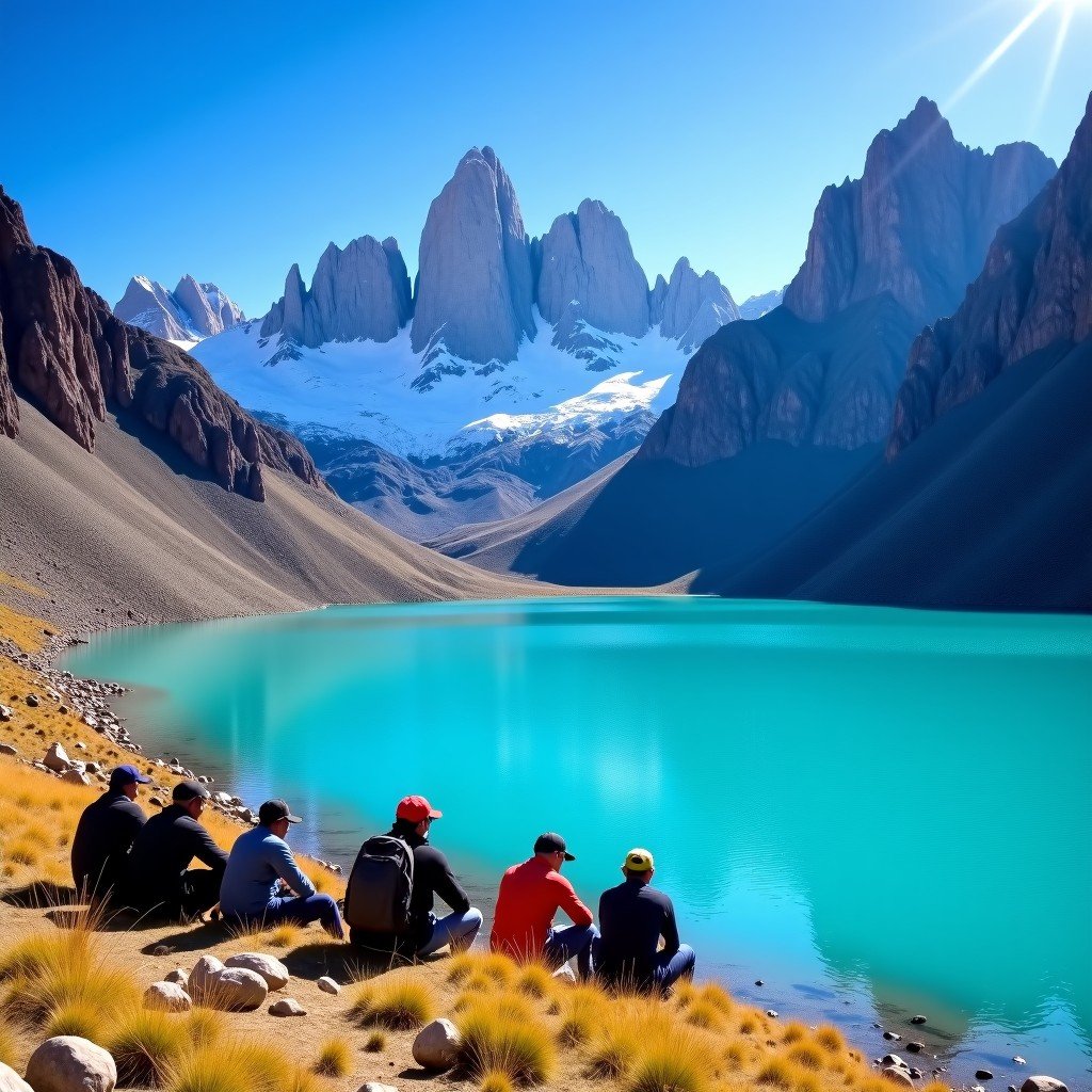 A group of hikers resting by the edge of the brilliant turquoise Laguna 69 in Huascarán National Park, jagged grey cliffs and glaciers in the background, clear blue sky, realistic adventure photography, natural colors, 4:3