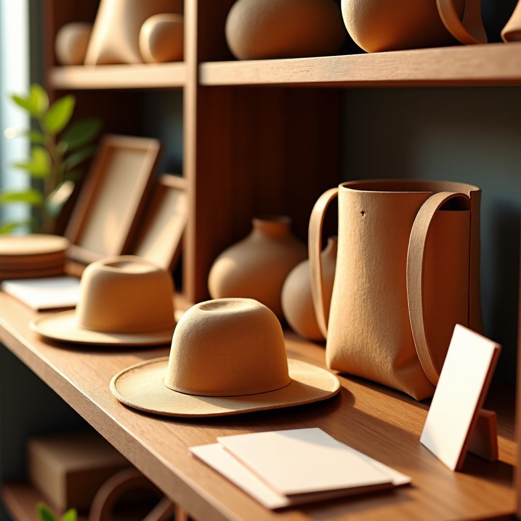 A detailed composition of various handmade cork products in an Évora gift shop, including bags, hats, and postcards. Warm indoor lighting highlighting the texture of the cork material. Artistic rendering. 4:3