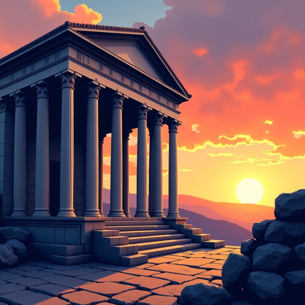A detailed view of the Roman Temple of Évora (Temple of Diana) in Portugal, featuring ancient granite and marble Corinthian columns under a dramatic sunset. High contrast illustration style with a textured sky. 4:3