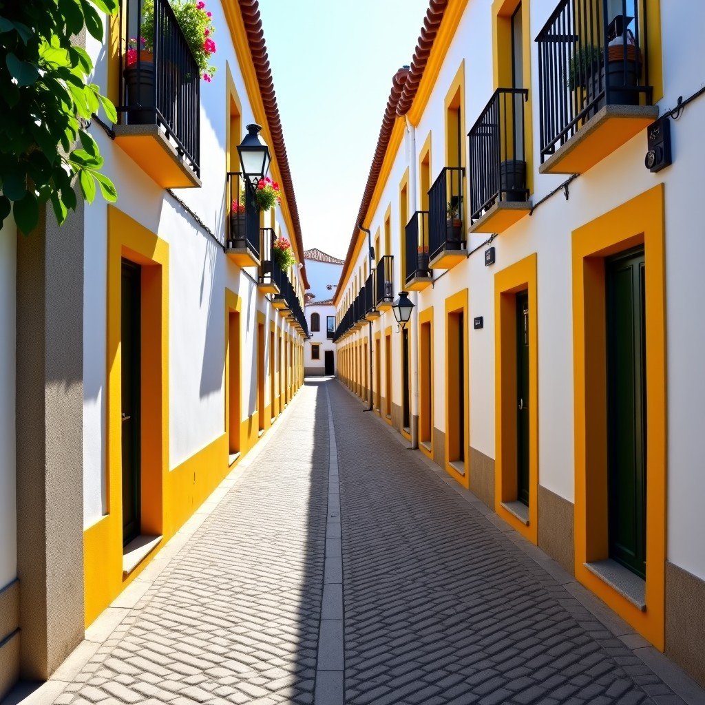 A narrow cobblestone street in the Historic Centre of Évora, lined with traditional white houses with bright yellow window frames and blooming flowers. Soft sunlight filtering through the street. Realistic photography style. 4:3
