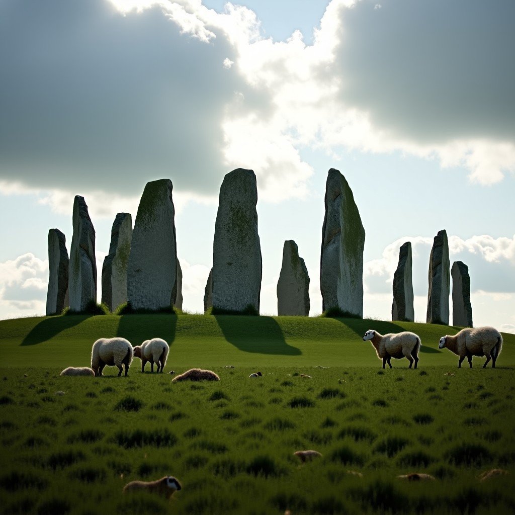 Avebury stone circle in the English countryside, large standing stones in a grassy field, sheep grazing nearby, cloudy British sky, realistic landscape photography, 4:3