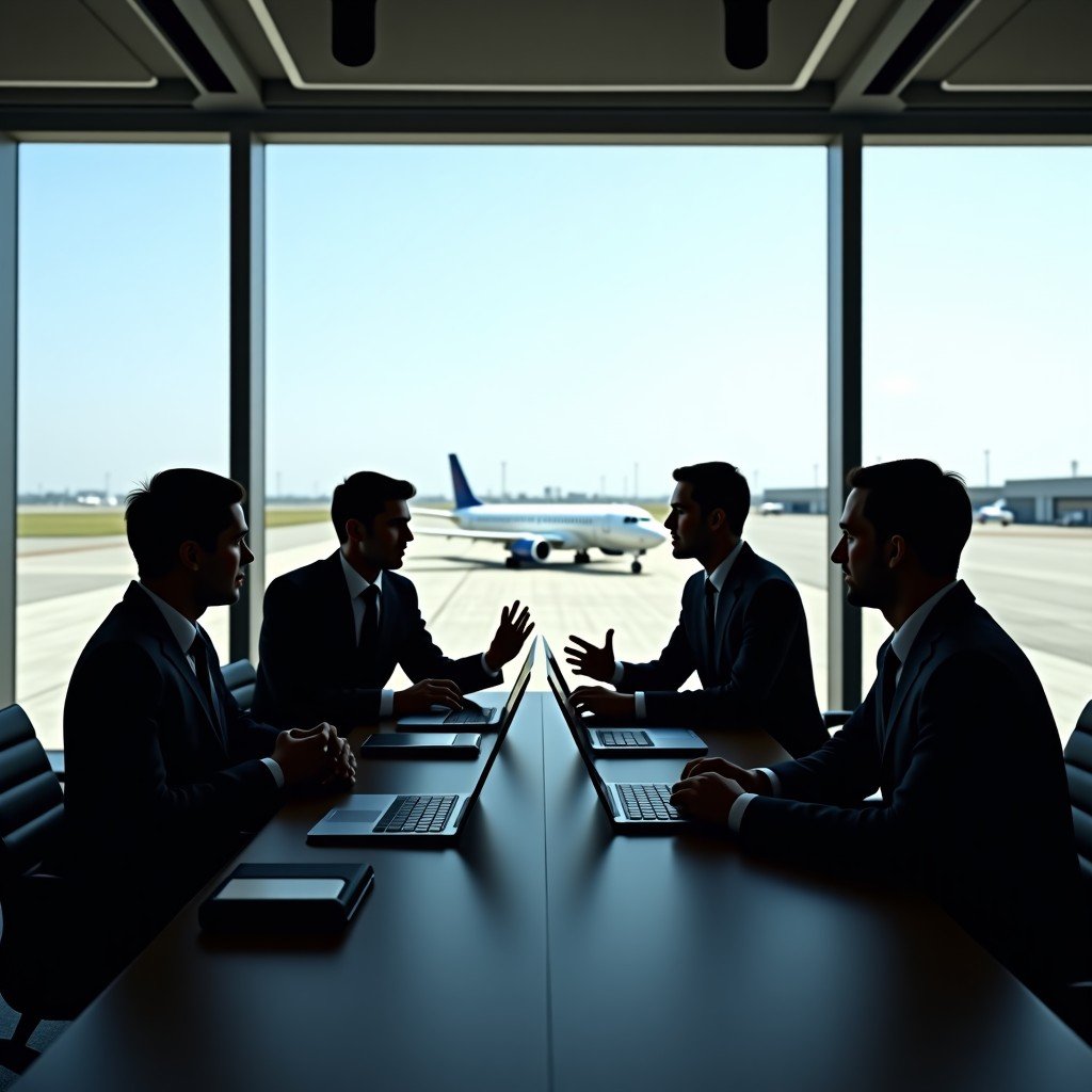Professional business people having a meeting in a modern corporate office with a view of an airfield, confident and focused atmosphere, realistic photography, 4:3 aspect ratio.