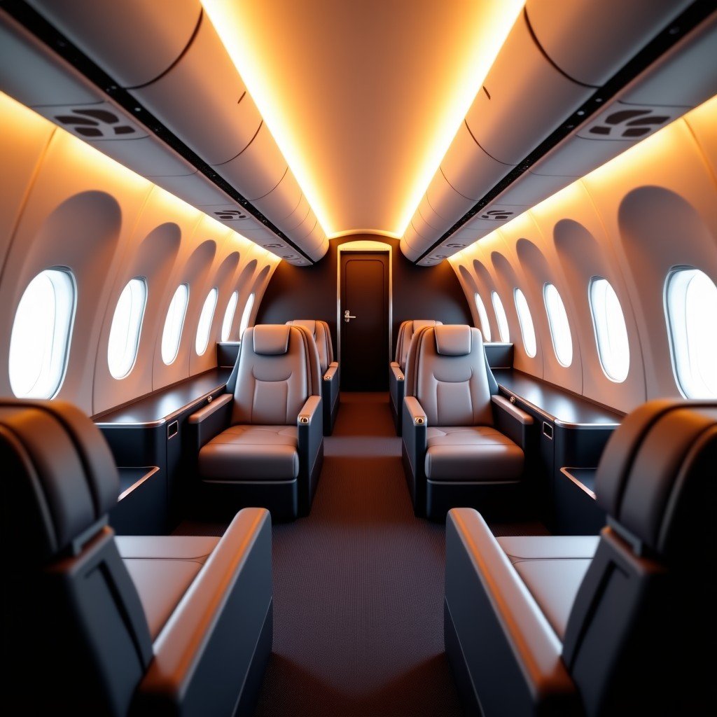 Luxurious interior of a modern airplane business class cabin with high-end seating and elegant lighting, premium travel atmosphere, realistic photography, 4:3 aspect ratio.